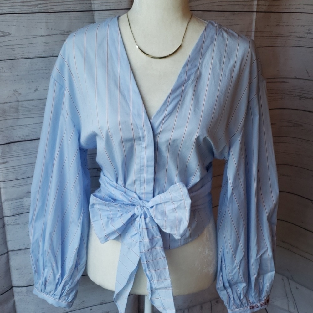 Blue H&M blouse with bow tie waist